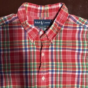 Ralph Lauren Men Button Shirt Plaid Cotton Size XL Classic Fit BUTTON